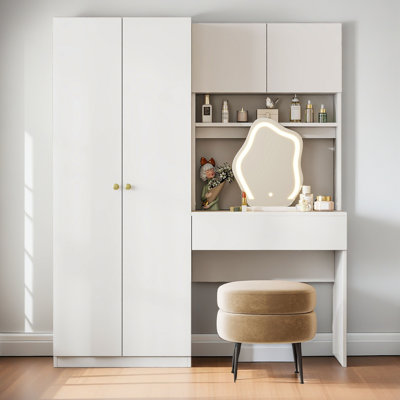 2-Door Wooden Storage Vanity Wardrobe For Bedroom With Makeup Mirror And Drawers, White