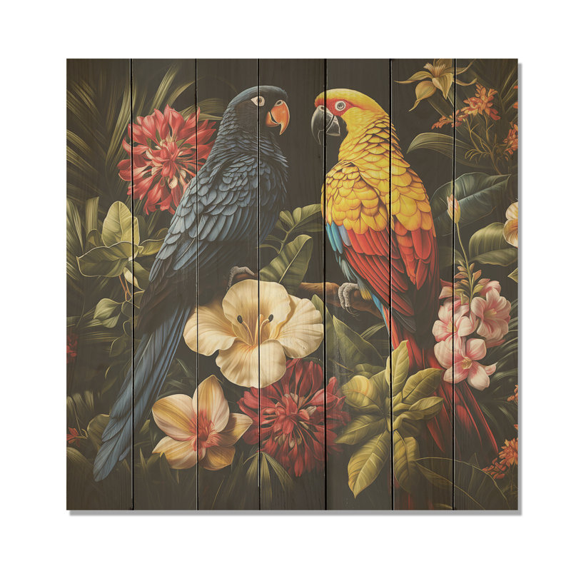 Perroquets tropicaux jaunes et bleus - perroquet sur bois, H 15 po x l 15 po