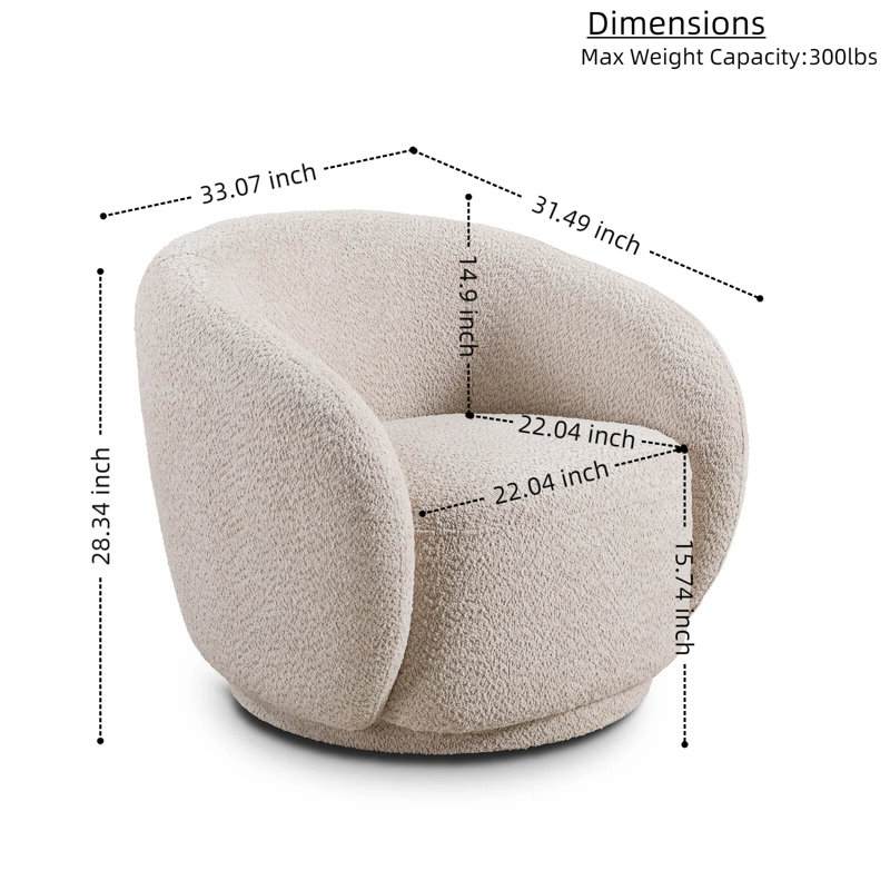 33'' 360° Swivel Barrel Accent Chair – Modern Boucle Upholstered Armchair For Living Room, Bedroom, Office, Taupe Beige