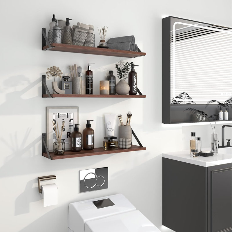 Floating Shelves Set Of 3, Wall Mounted Shelves For Bathroom Bedroom Kitchen, Sturdy Wood Shelves With Metal Brackets, Space Saving Storage Solution