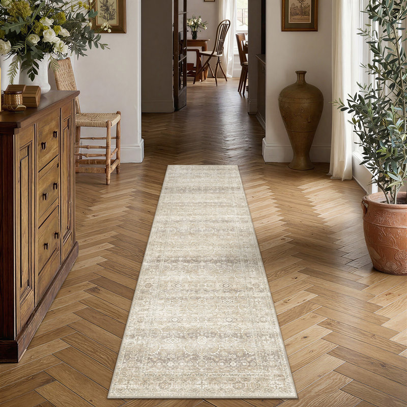 Tapis beige délavé rétro Selena, Beige, Tapis de couloir 2 pi x 8 pi