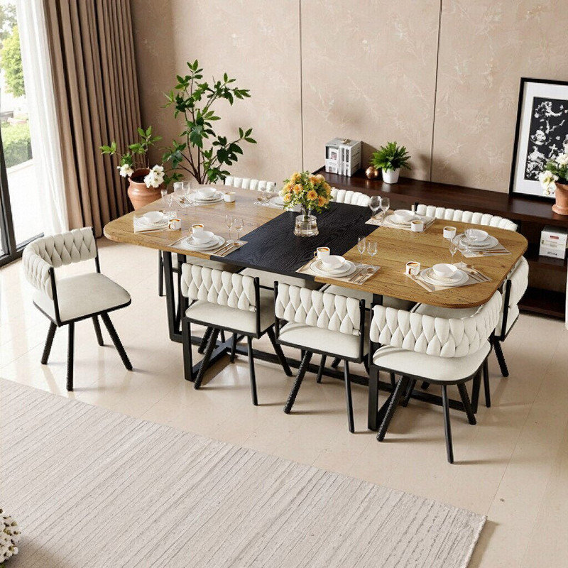 Ensemble de table de salle à manger 9 pièces avec chaises en velours, plateau en triamine durable et structure en métal noir pour 8 personnes