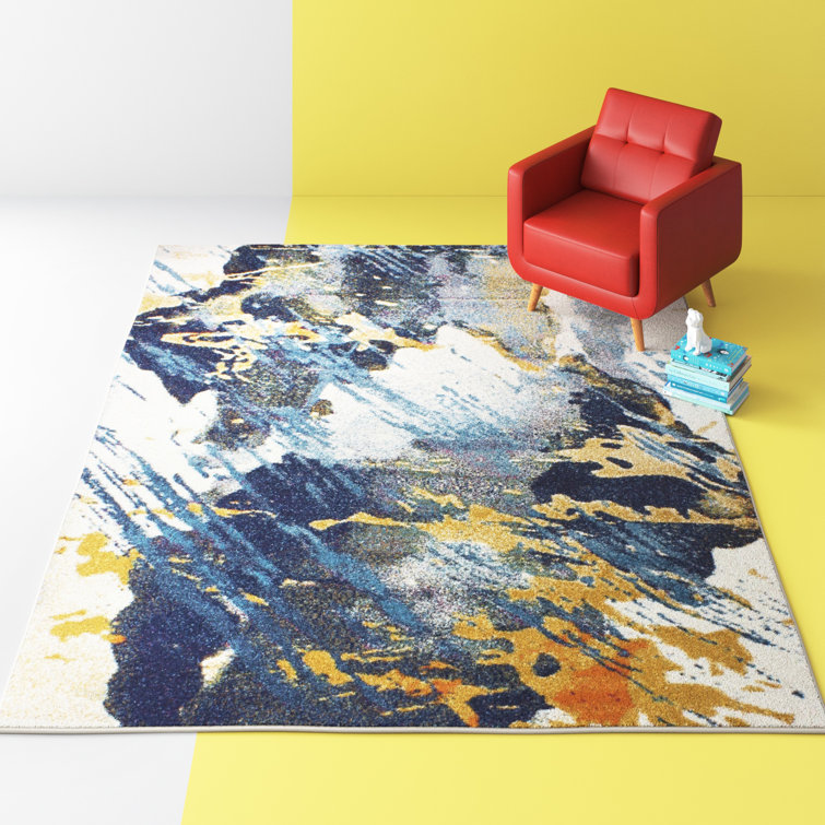 Decorative Contemporary Gold & Light Blue Machine-Made Rug – World Of Rugs