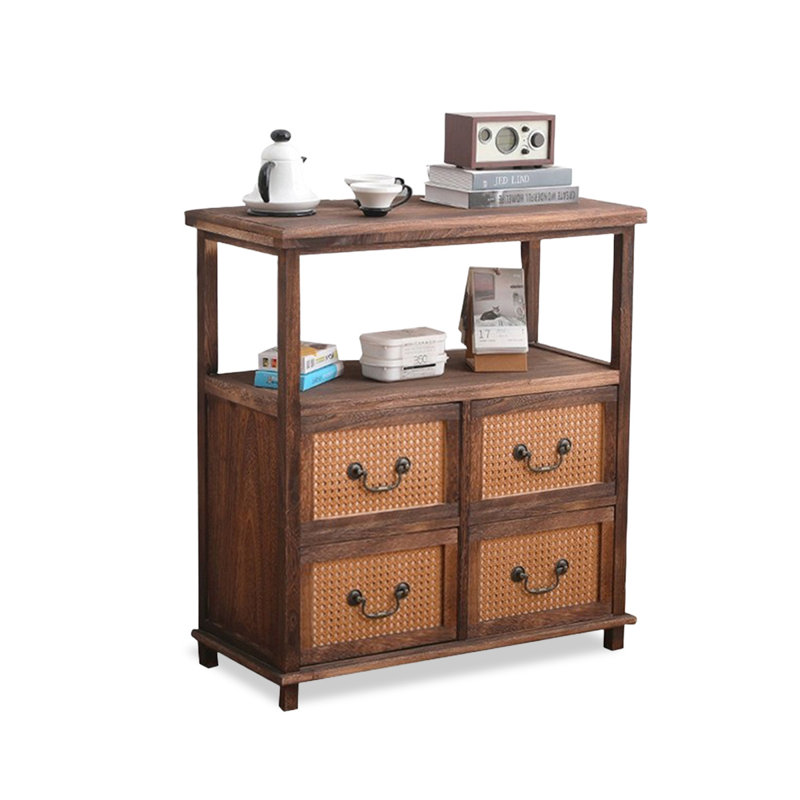 Buffet en bois massif brun et rotin, Brun