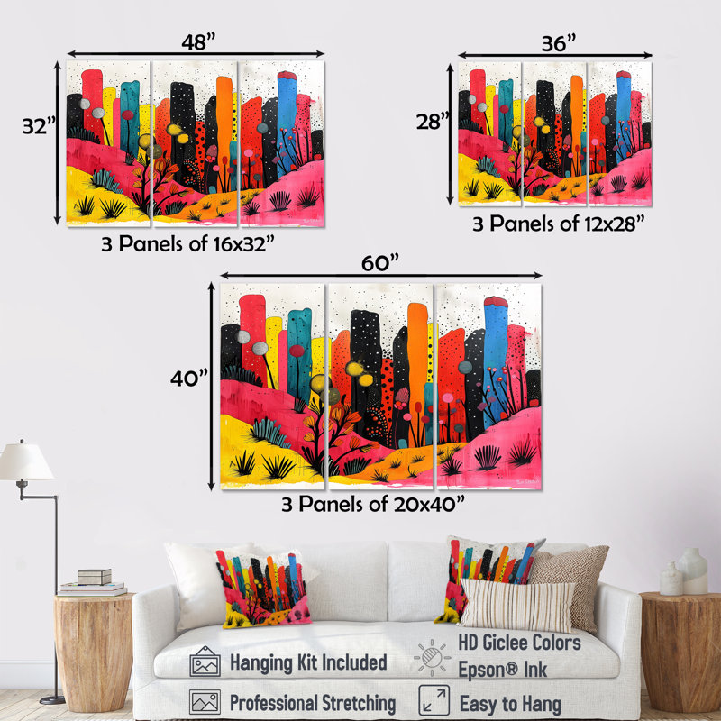 «Orange Orange Cityscape Pop Art I», ensemble d'art mural gratte-ciel, Toile tendue, H 32 po x l 16 po x P 1 po