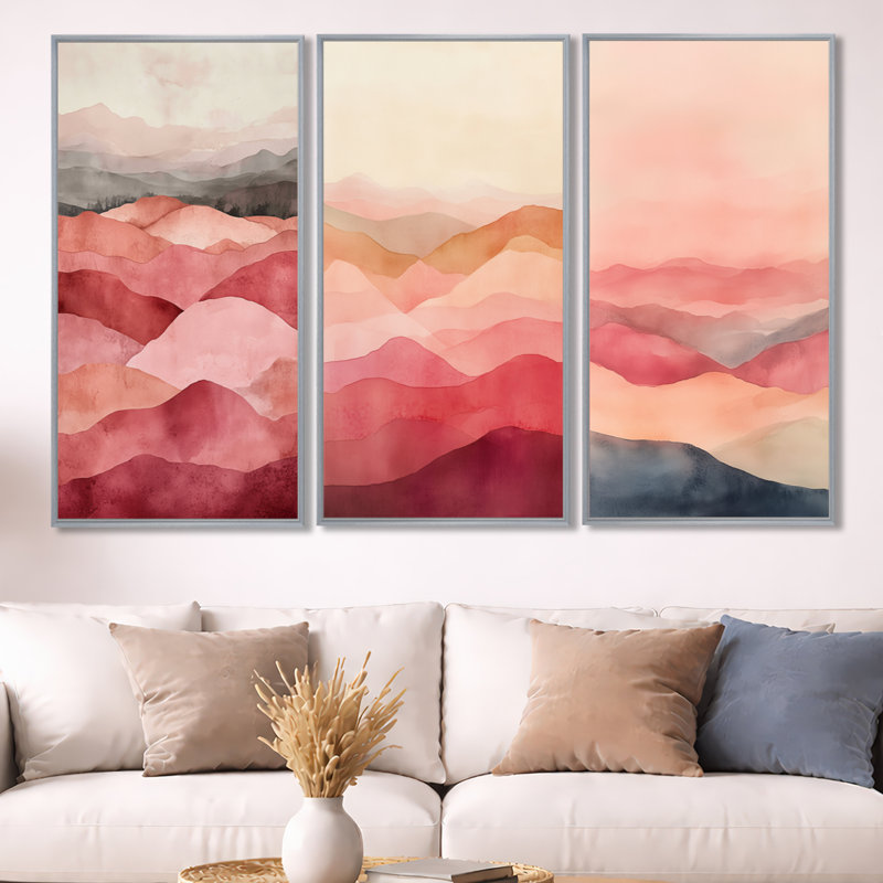 Fragmented Terrain in Blush - Paysage abstrait encadré, décoration murale 3 panneaux, H 40 po x l 60 po, Encadrement argenté