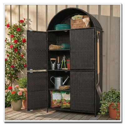 72" Tall Arched Wicker Outdoor Storage Cabinet with Shelves and Drawer