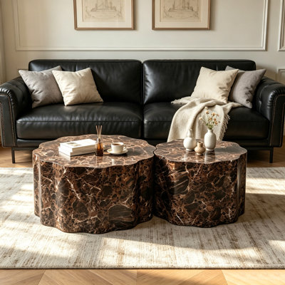 Ensemble de 2 tables basses rondes avec plateau en faux marbre travertin, tables d'appoint minimalistes modernes pour salon, appartement et bureau