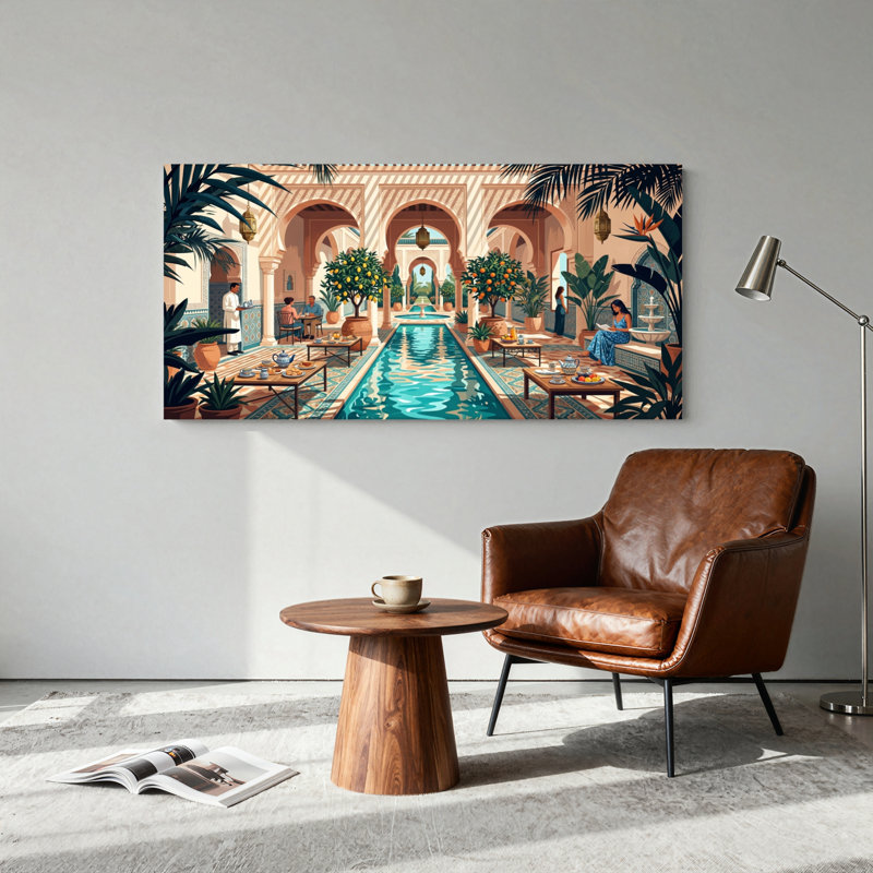 Ensemble d'un tableau sur toile représentant une cour marocaine, 32“W x 16”H, Wrapped Canvas