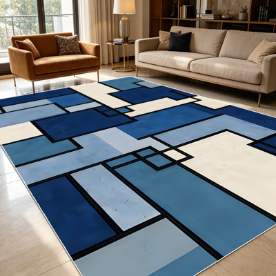 Tapis à motif géométrique abstrait bleu marine de 1 pièce pour le salon, doux et confortables, convenant à toutes les saisons, faciles à entretenir, lavables à la machine, convenant à la chambre à coucher, au vestibule, au patio, à la cuisine, à la maison ou à l'extérieur.