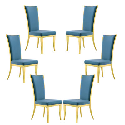 Ensemble de 6 chaises de salle à manger rembourrées en velours bleu, chaises de cuisine à haut dossier avec pieds robustes en métal au fini or riche poli