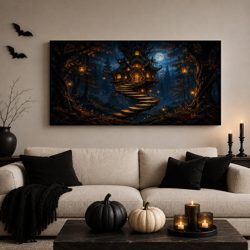Cabane dans les arbres fantaisiste avec lanternes au clair de lune pour l'Halloween - Toile murale, L 40 po x H 20 po