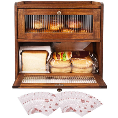 Wooden Bread Box for Kitchen Countertop, Large Double Layer, Food-Safe Pine Wood, Double-Row Ventilation, Strong Acrylic Window, Raised Top Shelf, Easy Care, Farmhouse Corner Container, (Retro Brown)