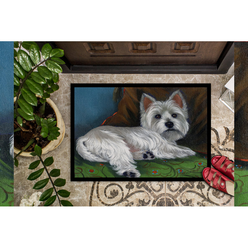Tapis d'entrée antidérapant Guerrie L 27 po x l 18 po, Westie « Wake Up »