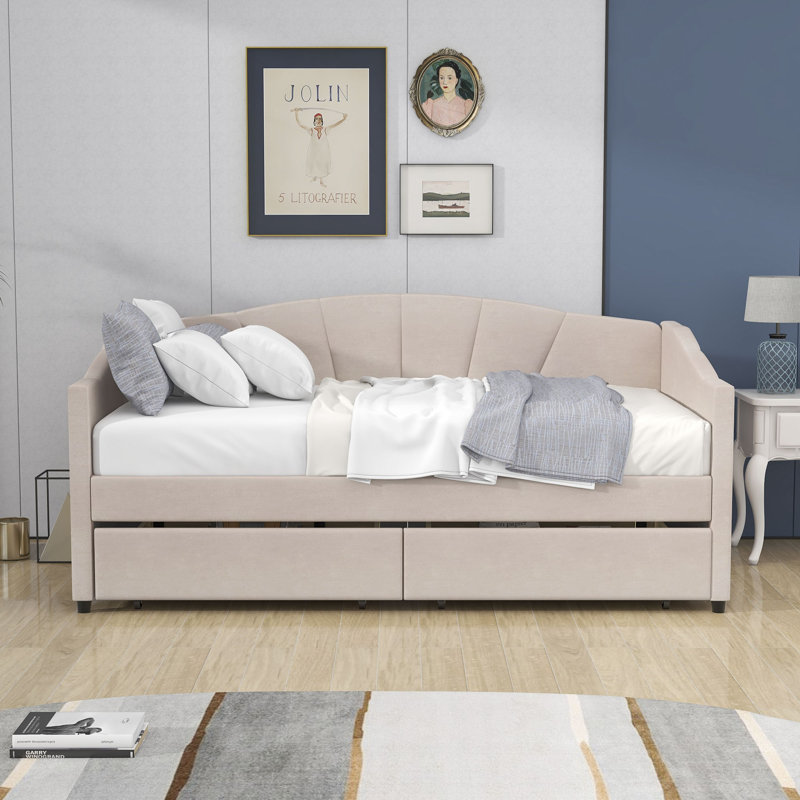 Twin Size 2 Drawers Upholstered Daybed with Wood Slat Support, Blue