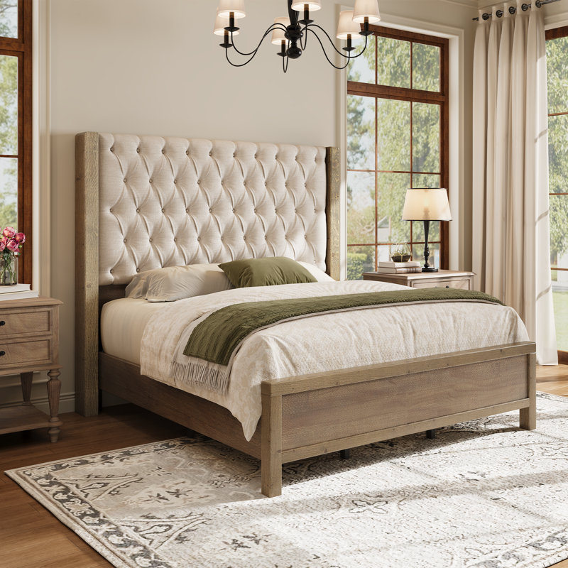 Lit plateforme tapissier Behka, Beige, Grand lit