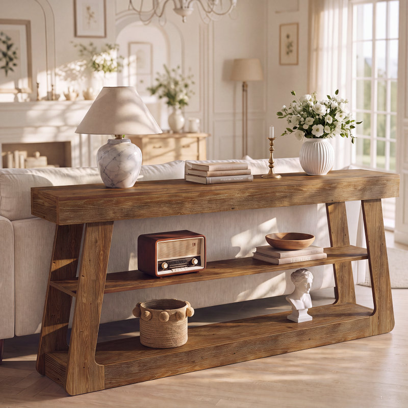 63" Solid Wood Console Table, 3-Tier Storage Narrow Sofa Table