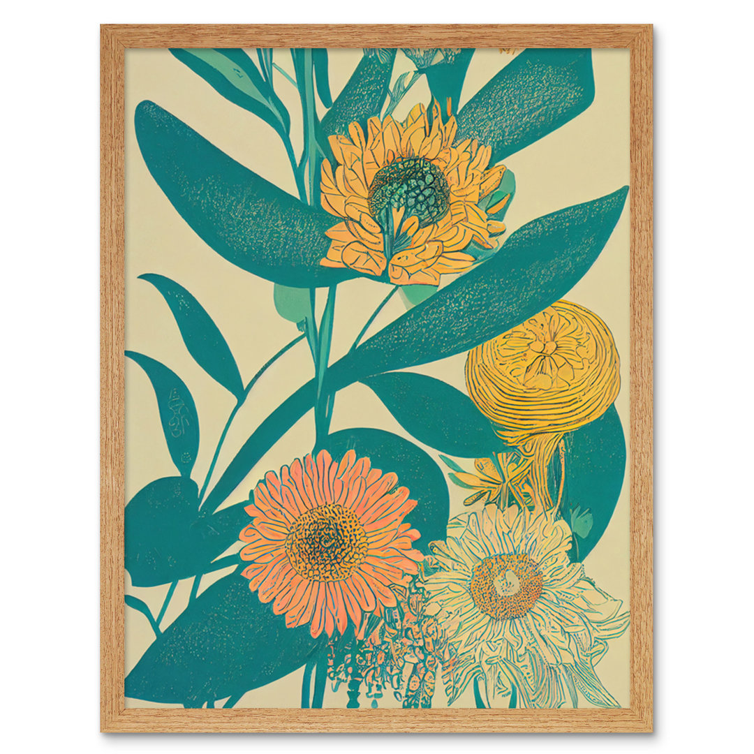 Marigold Daisy Flowers Turquoise Leaves Abstract - Print