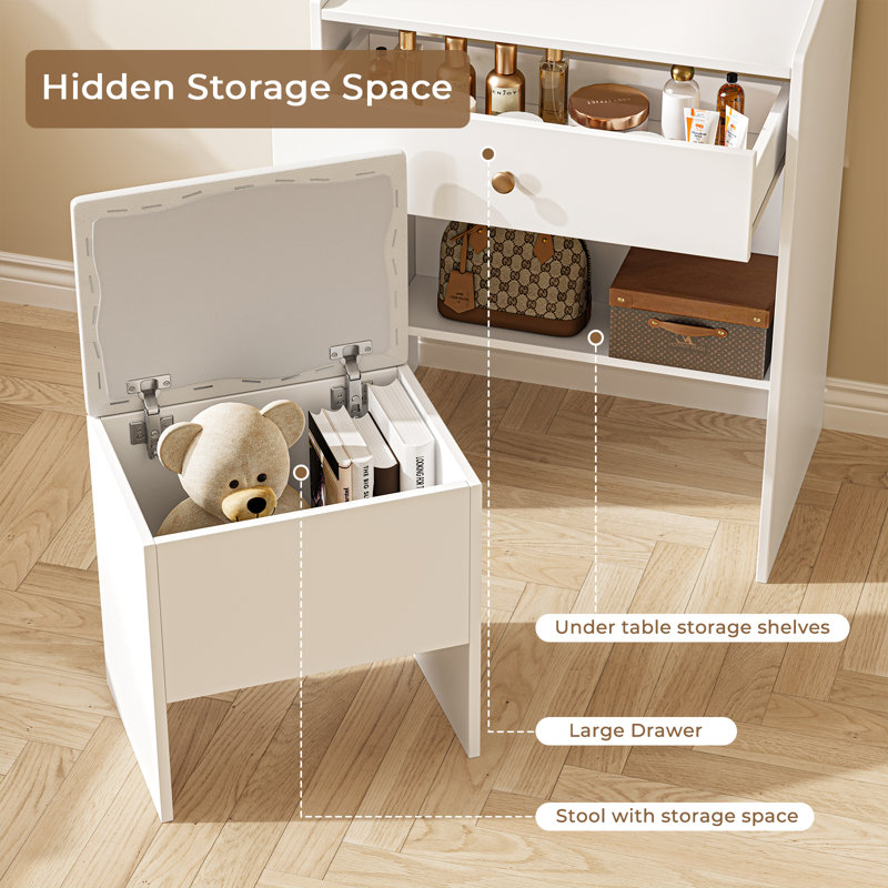 Dressing Table Set with LED Lighting Mirror, 3 Light Colors, Adjustable Brightness,Vanity Table with Hidden Storage Stool