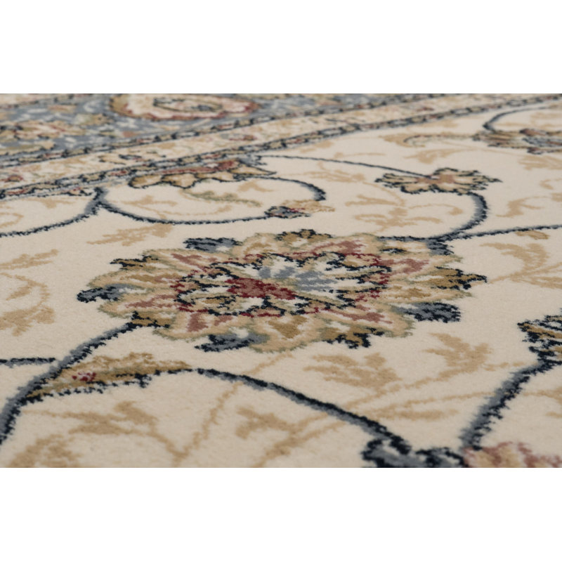 Tapis gris/beige tissé à la machine Kinde, Rond 5 pi 3 po
