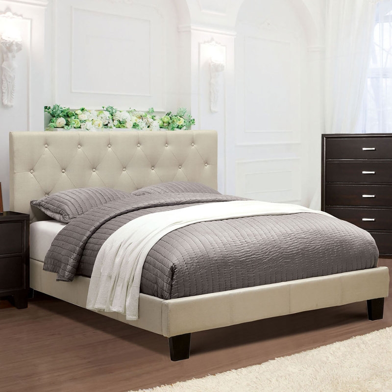 Lit plateforme tapissier Glenboro, Double, Ivoire