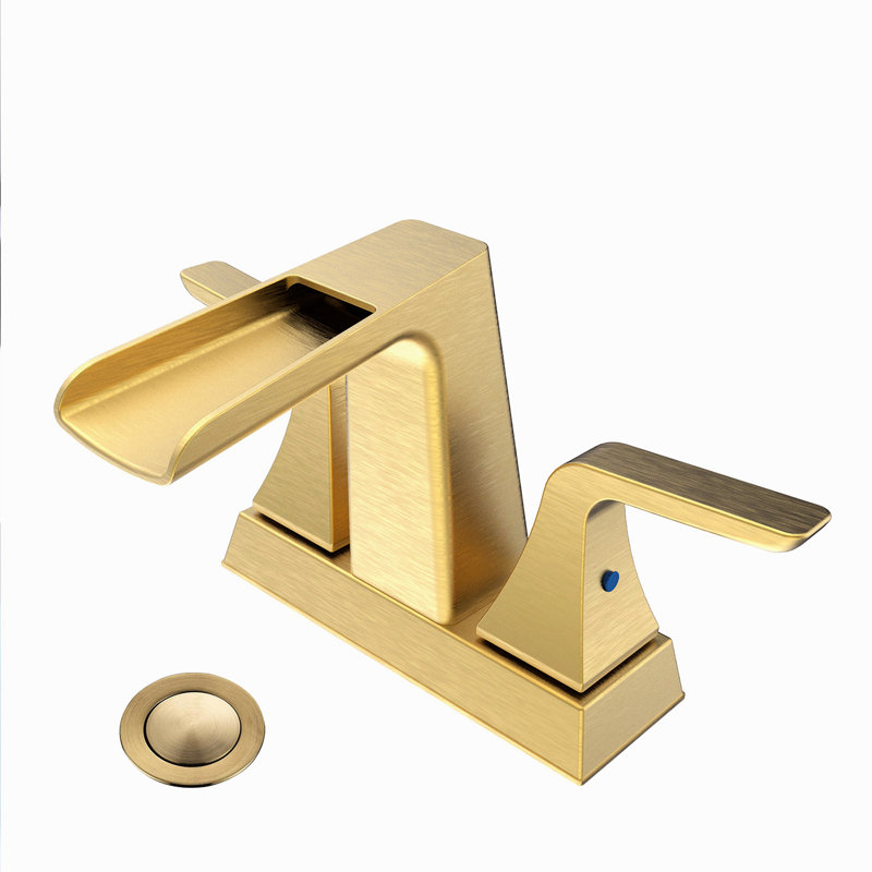 Robinet de lavabo de 10 cm avec bec en cascade en laiton doré brossé - Conception à double poignée pour un réglage précis de l'eau et de la température - Construction en laiton massif - Cartouche en céramique - Compatible avec les installations de 2/3 et 4 pouces
