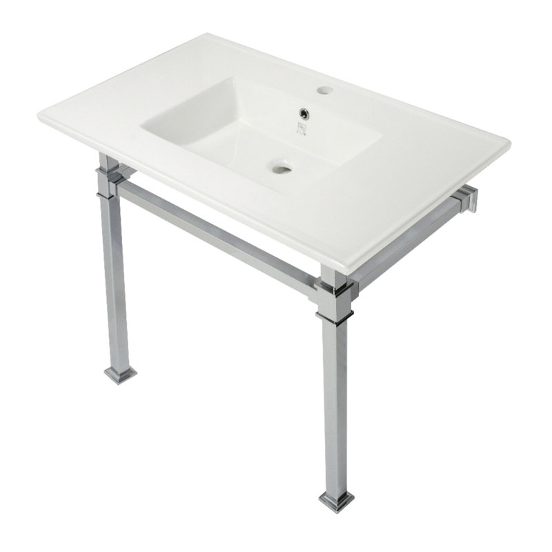 Lavabo de salle de bain console en céramique avec trop-plein Monarch, Blanc / chrome poli