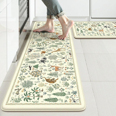 Tapis de cuisine - beige - paquet de 2, antifatigue, antidérapant, mousse à mémoire de forme, animaux de ferme et tapis de style forêt, tapis de sol et debout pour la cuisine, la lessive, l'évier, le bureau