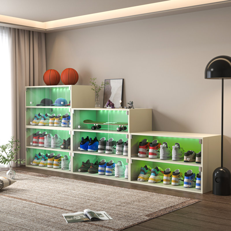 Off White Glass Door Shoe Box Shoe Storage Cabinet For Sneakers With RGB Led Light, 71.65'' H x 29.58'' W x 18.28'' D