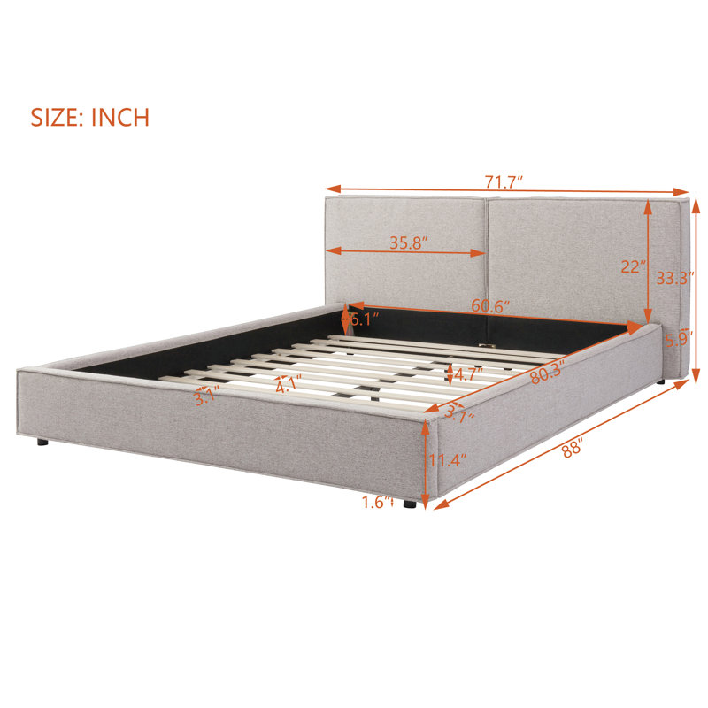 Structure de lit tapissier à profil bas pour grand lit avec tête de lit matelassée Diamond, aucun sommier tapissier requis