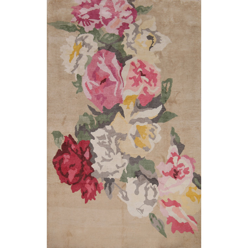 Tapis indien en laine et soie à motif floral abstrait 7 x 10
