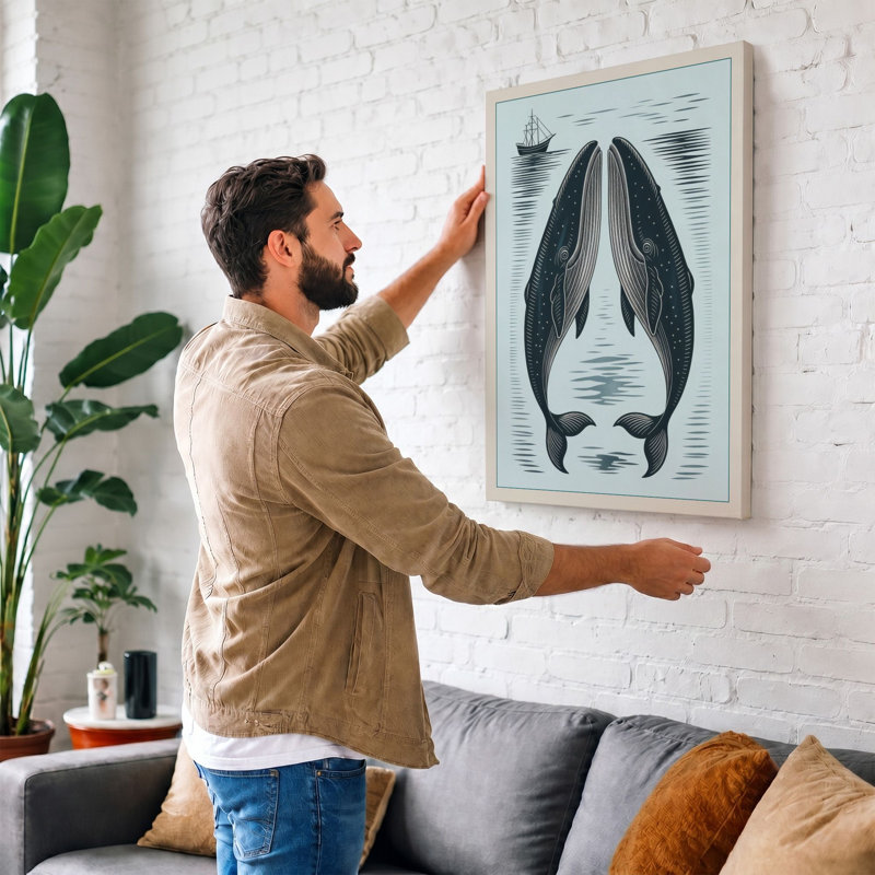 Whales In Symmetry Japandi - Print, 30x20 - 76.2 x 50.8 cm, Black Border