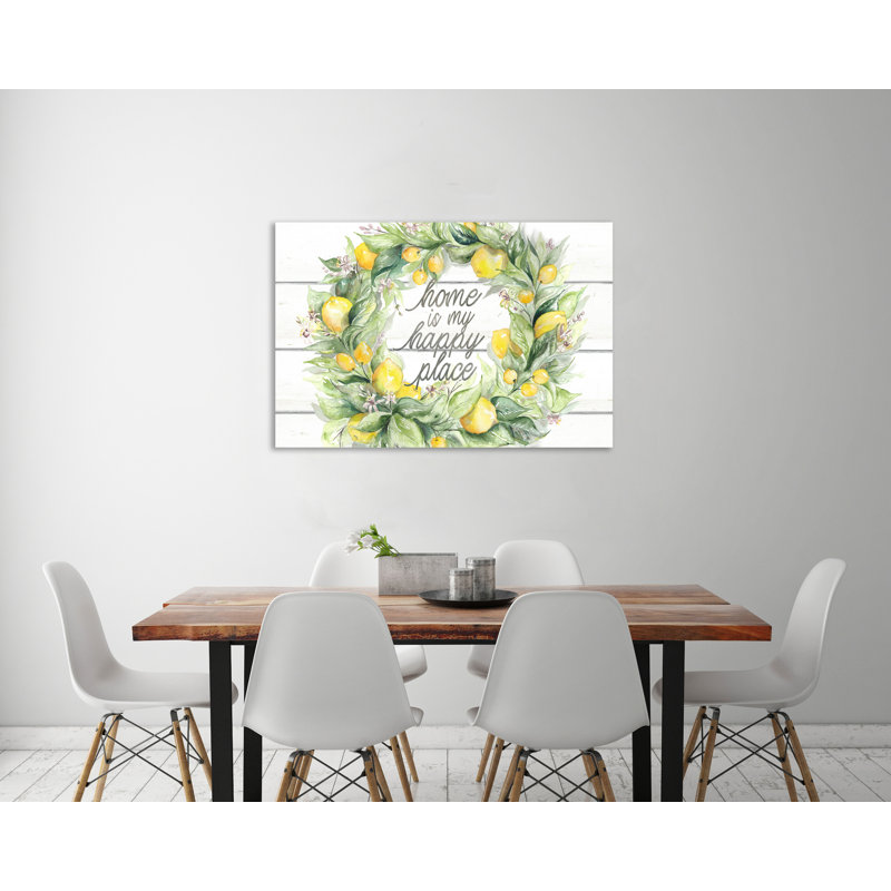 Farmhouse Lemon Wreath: Home Is My Happy Place - impression sur toile tendue, H 32 po x l 48 po x P 1,5 po