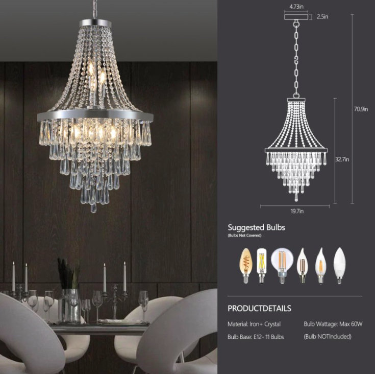 Lustre en cristal de luxe moderne, Chrome chrome