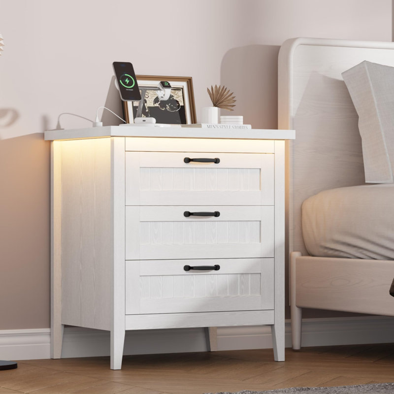 3-Drawer Nightstand with Charging – LED Lights, Modern Wood Dresser for Bedroom Storage (Black Dark Oak), Black