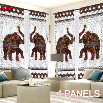 4Pcs Boho Indian Elephant Pattern Window Curtains, Bohemian Tribal African Style Design, Decorative Panels for Living Room Bedroom Kitchen, Rustic Home Decor, Rod Pocket Installation, Digital Printing
