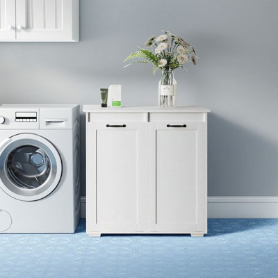 Freestanding Double Drop-Front Storage Cabinet With Fixed Tiered Shelves, Multi-Functional Organizer For Bathroom, Laundry Room & Entryway