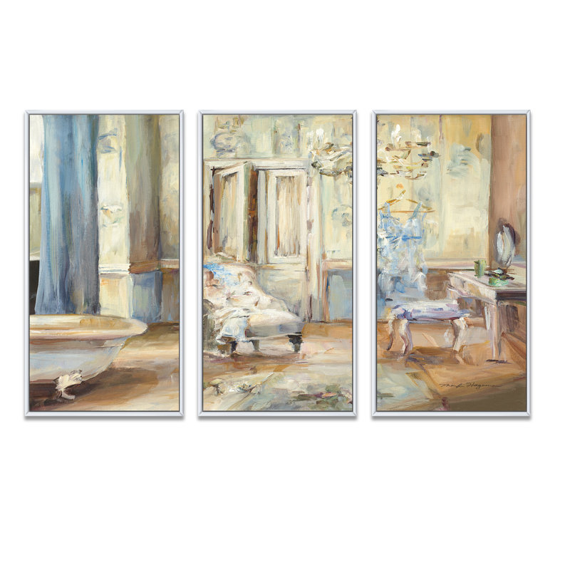 «French Boudoir Bath I», ensemble d'art mural sur toile encadré traditionnel, H 32 po x l 48 po, Blanc