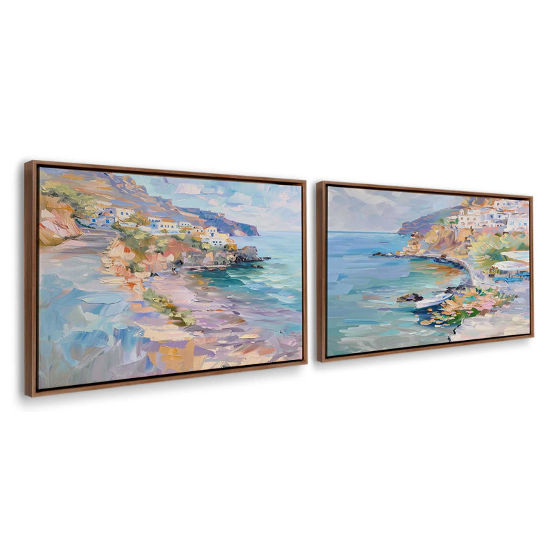 Ensemble de 2 impressions sur la côte pastel Amalfi, 18 po x 12 po, Cadre flottant noyer