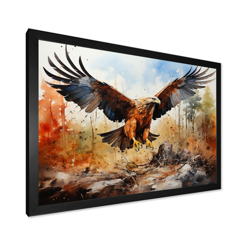 Aigle en vol chasse sur toile, Cadre simple noir, H 12 po x l 20 po x P 1 po