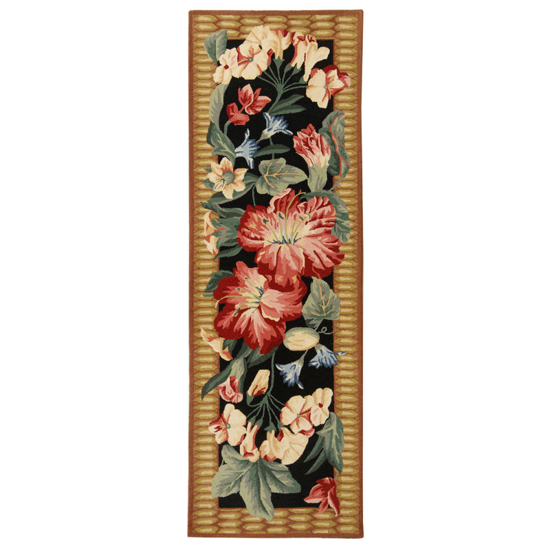 Tapis en laine crocheté à la main à motif floral Hogle, Tapis de couloir 2 pi 6 po x 10 pi