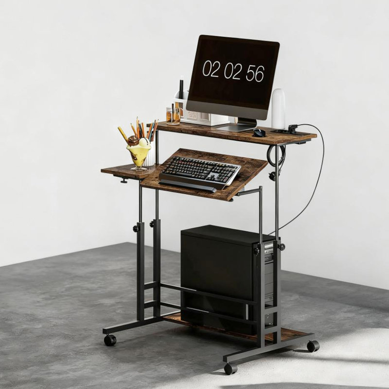 Bureau à hauteur réglable avec plateau inclinable, quatre roulettes, deux verrouillables, une tablette et une fonction de charge, parfait pour les espaces de travail à domicile