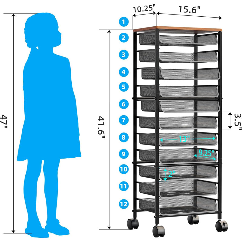 Simple Trending 12 Tier Rolling File Cart,Wood Desk File Organizer With Sliding Trays And Wetal Mesh Paper Letter Storage Multi-Functional Rolling Clutter Cart For Office, Home