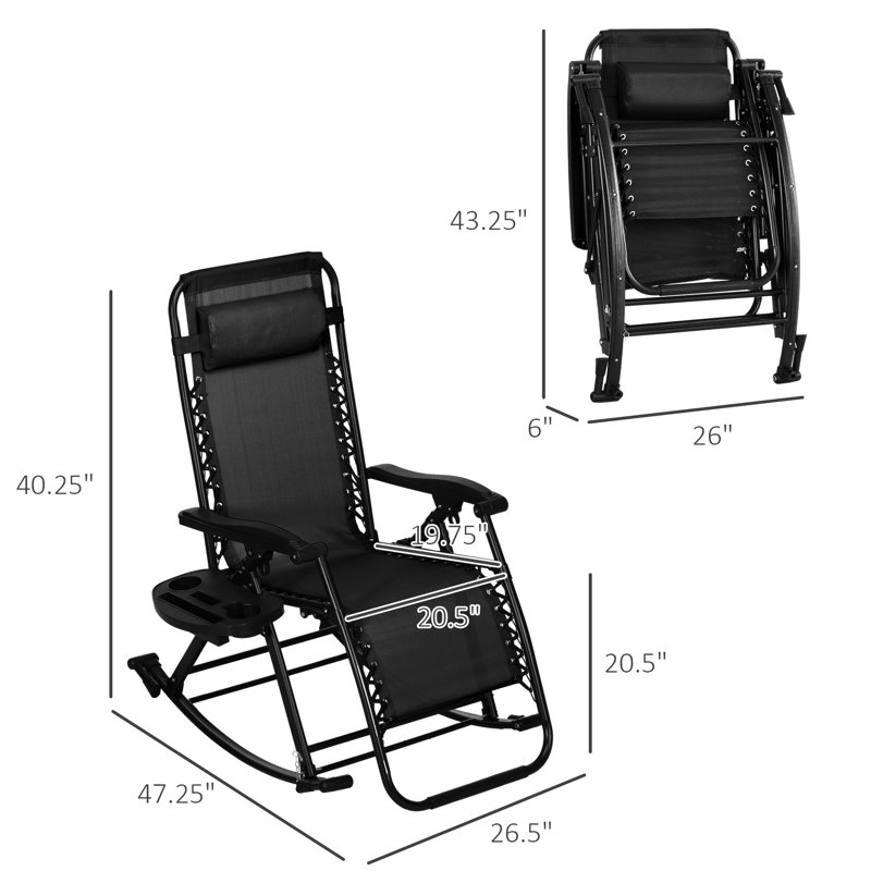 2Pcs Zero Gravity Rocking Chairs, Foldable Outdoor Lounge Recliner With Pillow, Cup Holder. Black Steel, Folding Legs Design 2 Pieces Reclining Rocker & Phone Holder, Black, Strong Steel Frame,