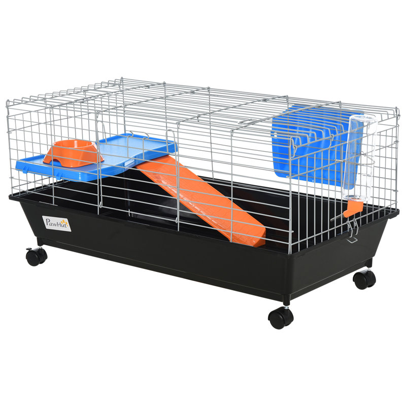 Cage pour petits animaux de 35 po, cage à lapins roulante, cage à cochon d'Inde avec plat de nourriture, bouteille d'eau, mangeoire à foin, plateforme, rampe pour furet chinchilla
