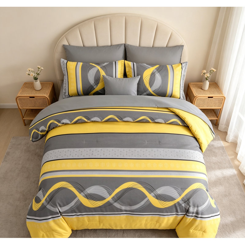 Ensemble d'édredon jaune et gris 8 pièces