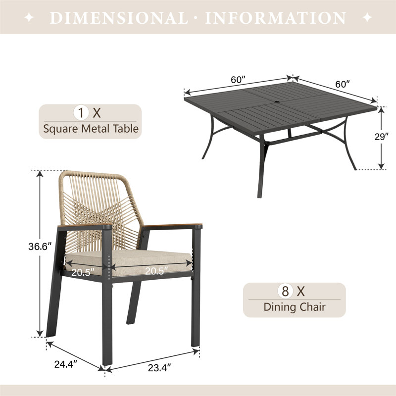 Dayshanay 8-Person Square Rattan Patio Dining Set, Black