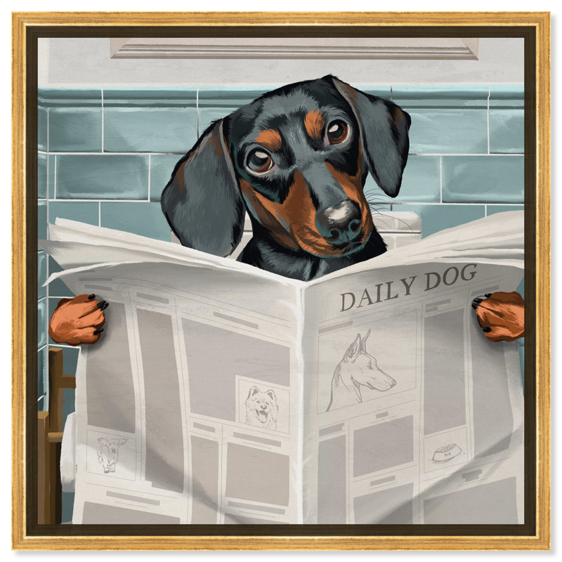 «Occupied Bathroom Doxie - impression d'art graphique, Encadrement doré, H 12 po x l 12 po x P 1,5 po
