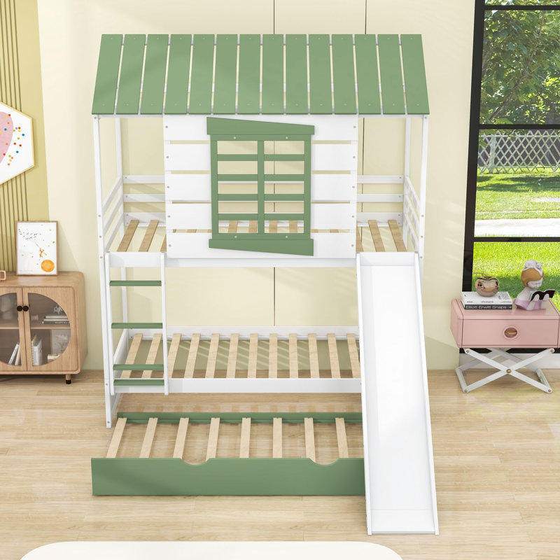 Twin Over Twin Wooden House-Shaped Bunk Bed With Slide, Twin Trundle And Guardrails