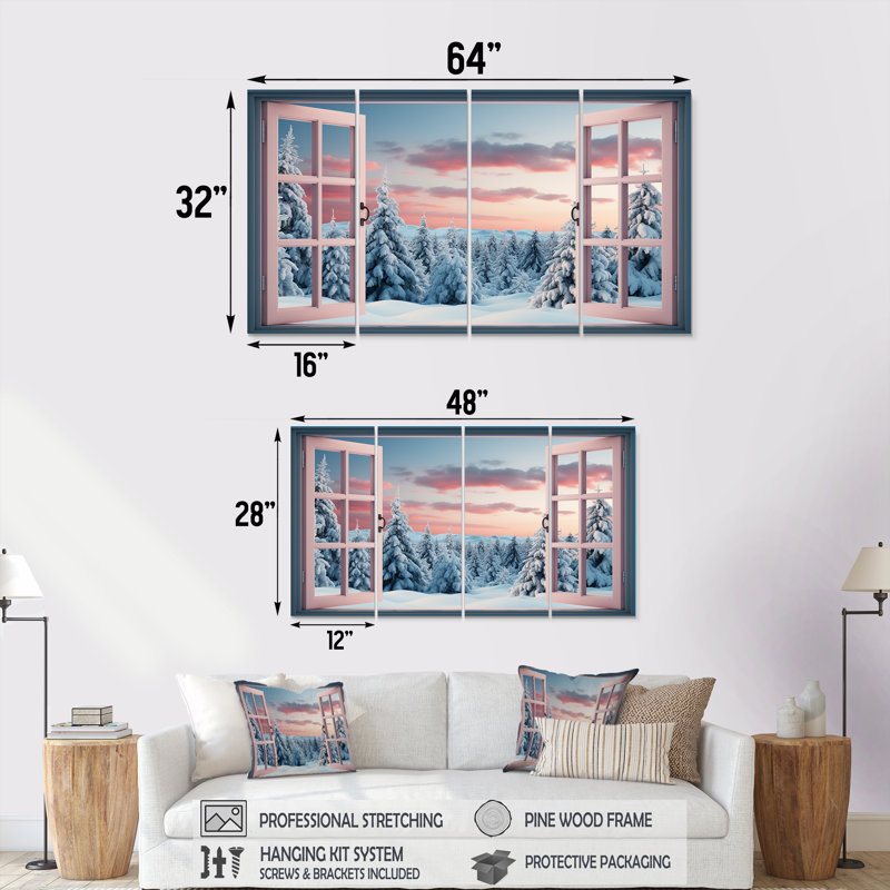 «Forest Winter Window View I - Winter Landscape», art mural 4 pièces pour le salon, H 28 po x l 48 po